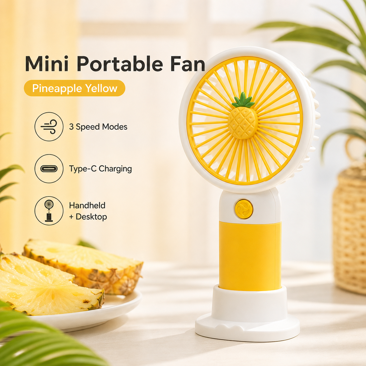 Mini Rechargeable Portable Fan - 3 Speed USB Handheld Desk Fan - Yellow