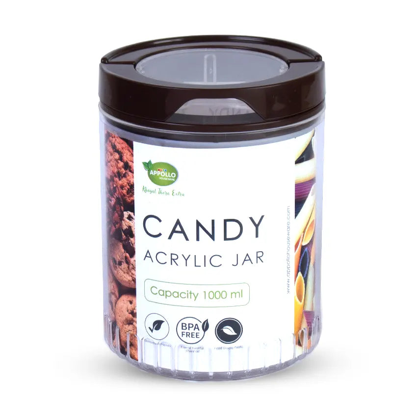 Candy Acrylic Jar Large - (1000ml) Airtight Storage Jar - Stylish Kitchen Jar for Dry Fruits, Snacks, Spices & Pantry Items - Brown