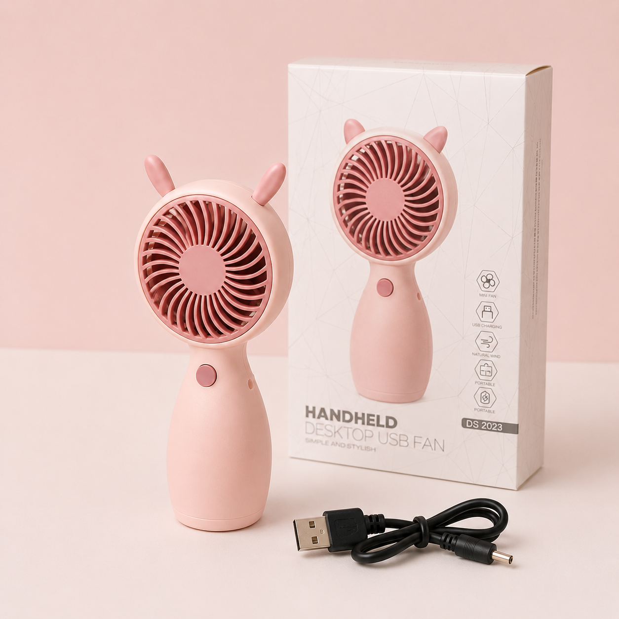 Pink Cute Mini Rechargeable USB Fan - Portable Handheld Desk Fan