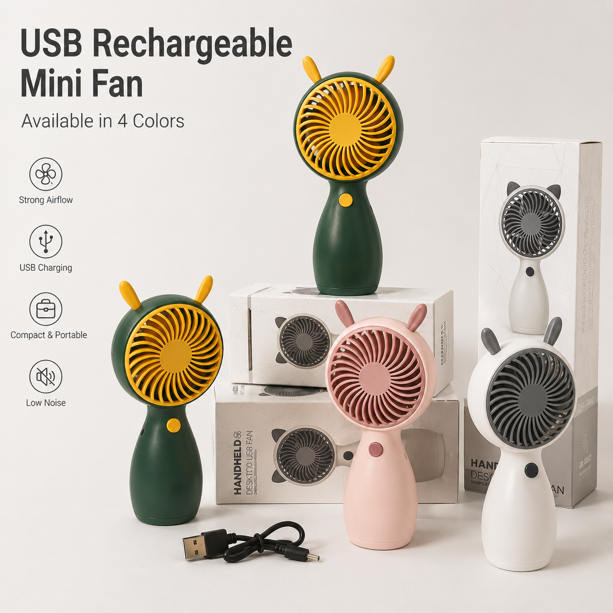 Cute Mini Rechargeable USB Fan - Portable Handheld Desk Fan
