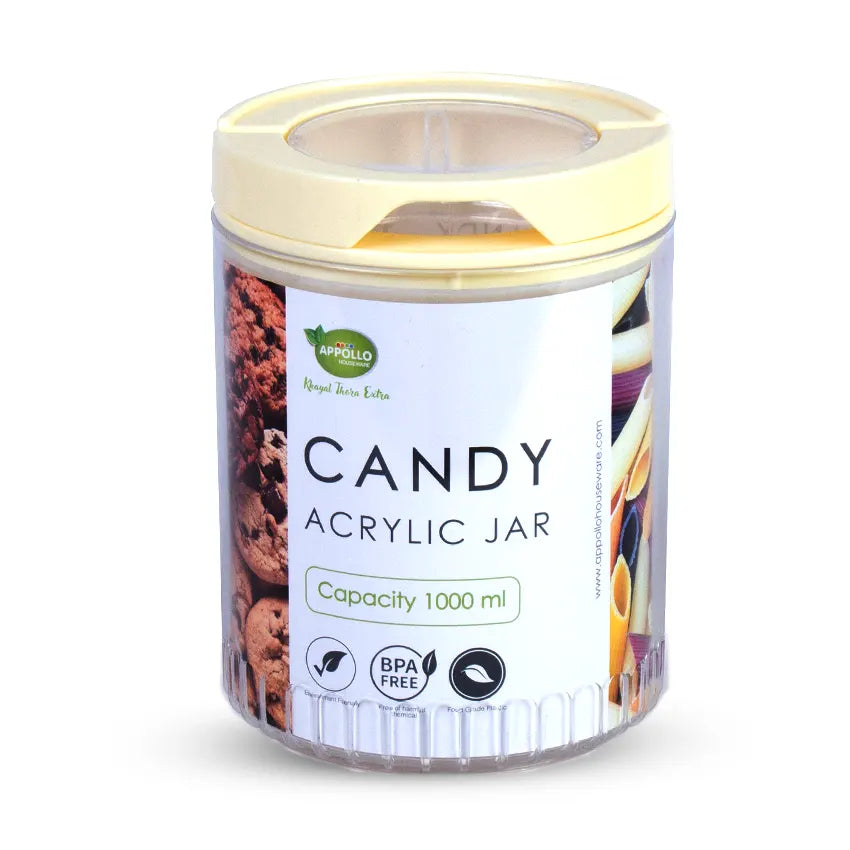 Candy Acrylic Jar Large - (1000ml) Airtight Storage Jar - Stylish Kitchen Jar for Dry Fruits, Snacks, Spices & Pantry Items - Cream