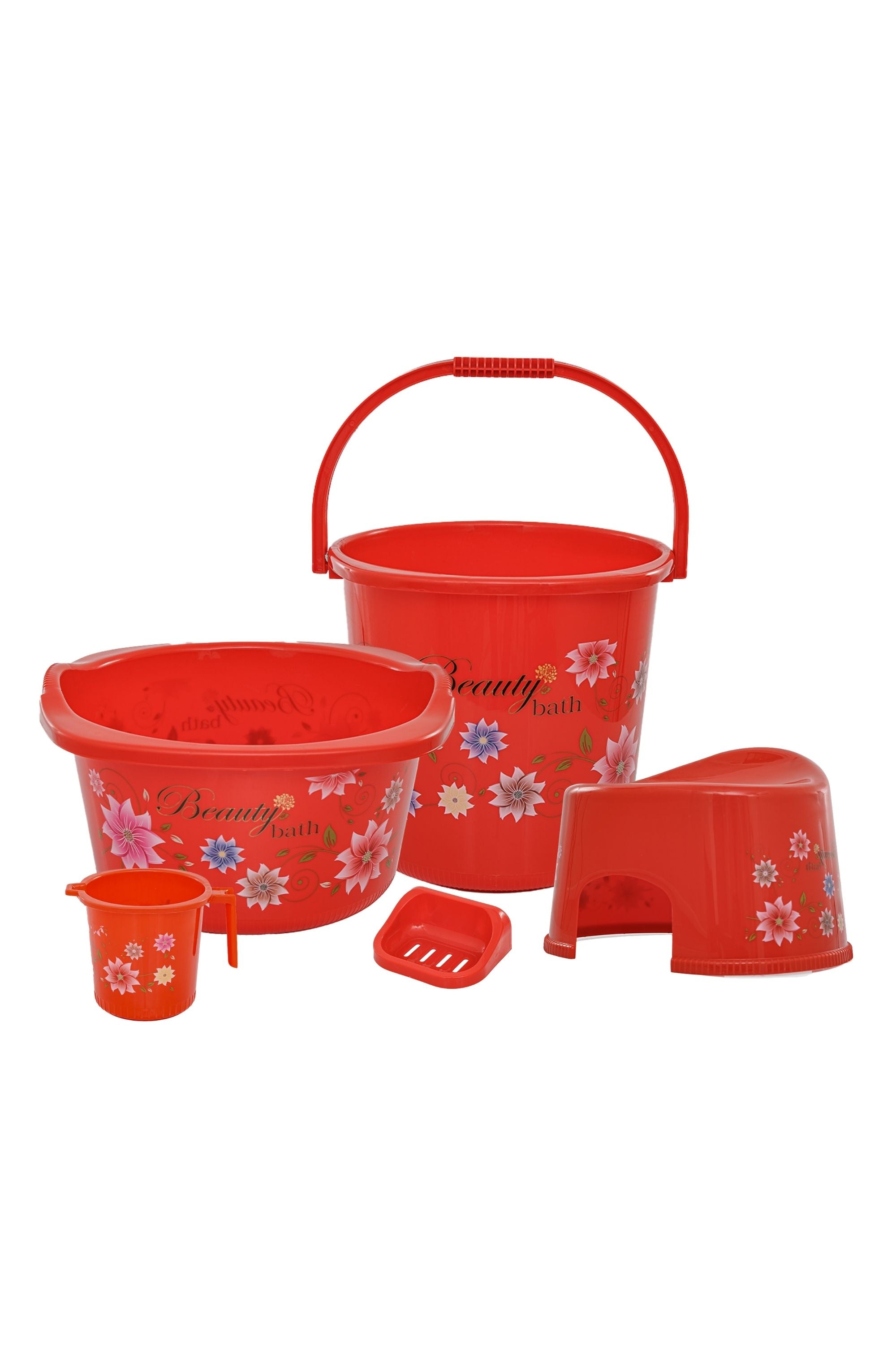 Beauty Plastic Bath Set Red | Complete Bathroom Accessories Set - Malik Mart P160