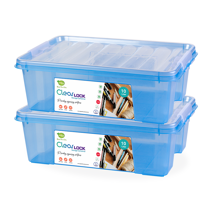 Clear Lock Storage Box Pack of 2 Large - (10Litre) Transparent Airtight Food Storage Container - BPA-Free Kitchen Organizer Box for Fresh Food & Pantry Storage - Blue