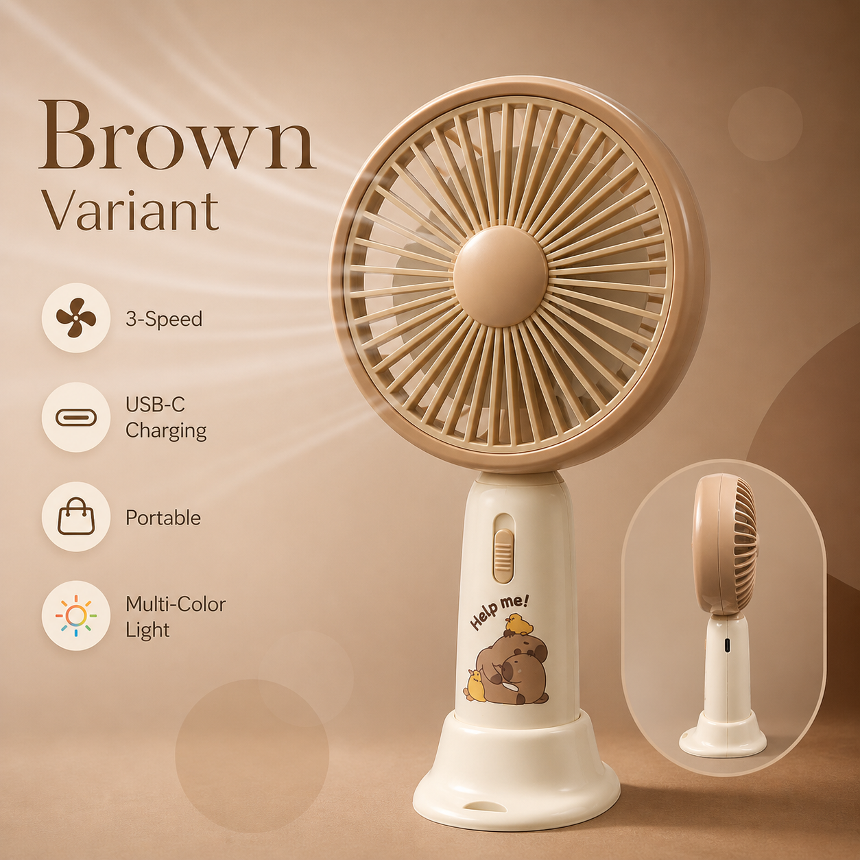 Mini Rechargeable Fan with Light - Portable USB Desk Fan - Brown
