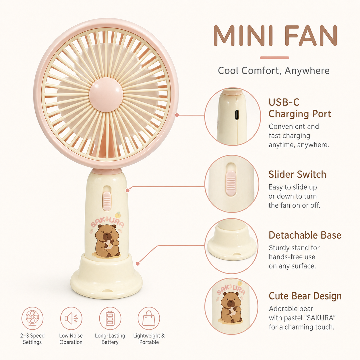 Mini Rechargeable Fan with Light - Portable USB Desk Fan