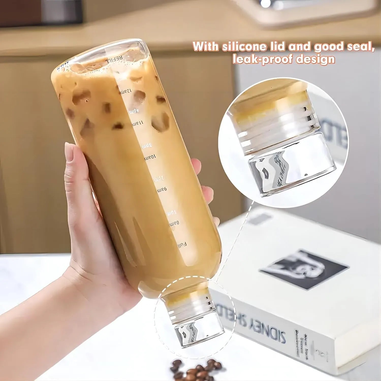 Premium Borosilicate Glass Water Bottle with Time Marker & Leakproof Lid – Portable Reusable Hydration Bottle for Office, Gym, School & Travel