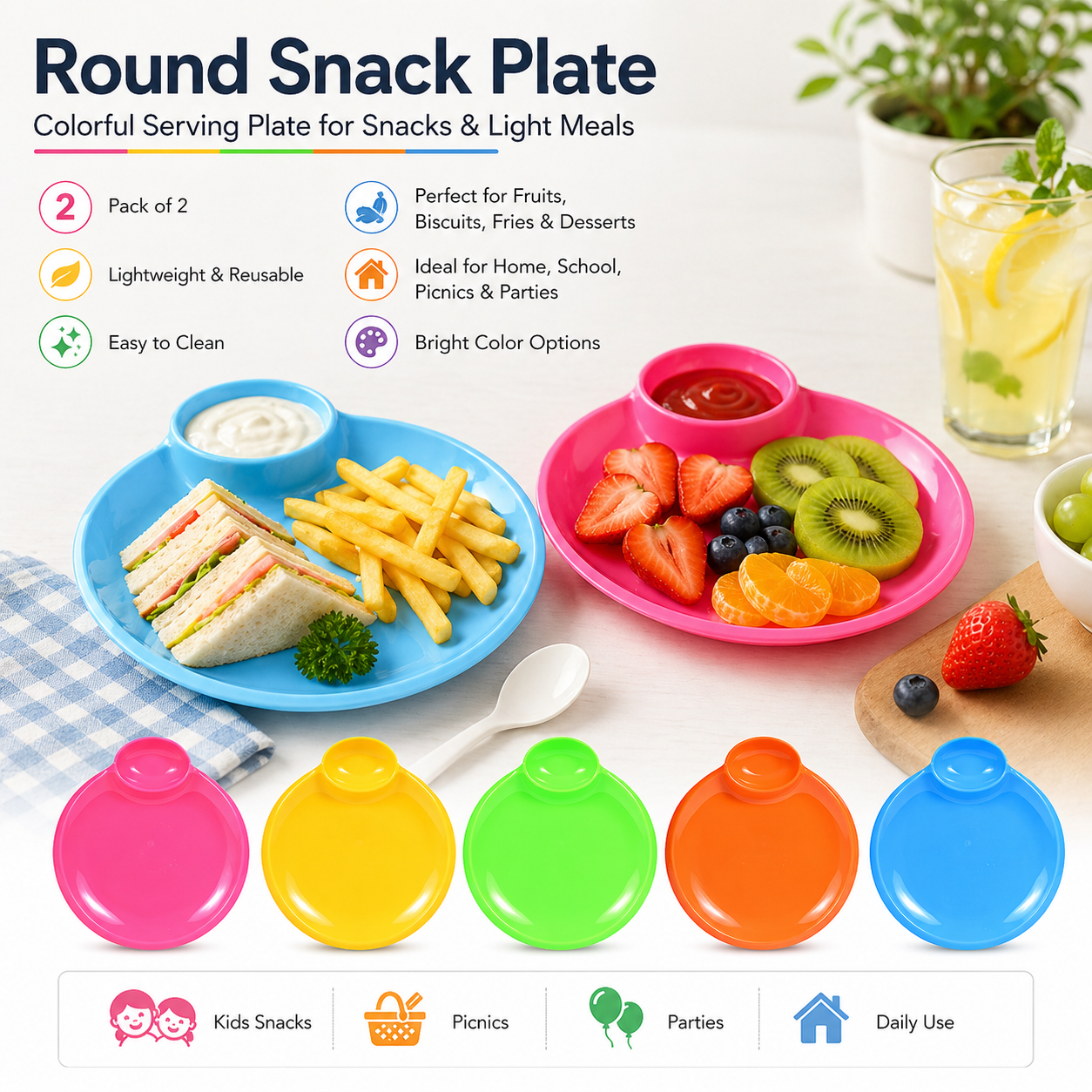 Round Snack Plate Pack of 2 Colorful Serving Plates for Kids and Parties