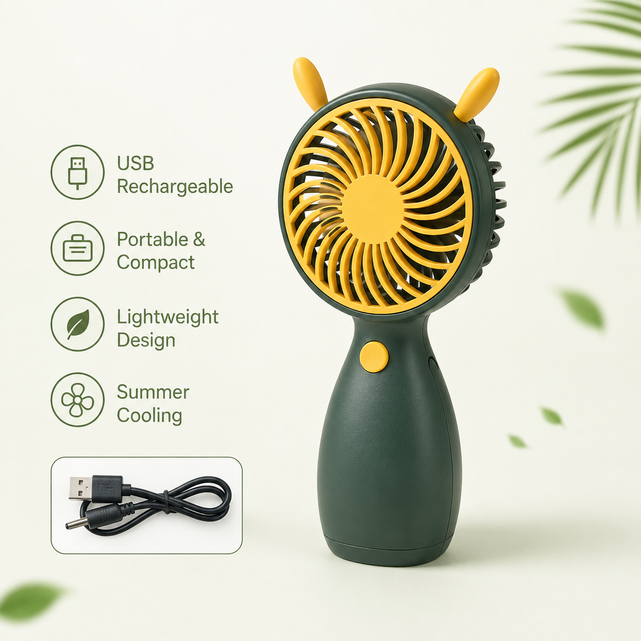 Cute Mini Rechargeable USB Fan - Portable Handheld Desk Fan - Green