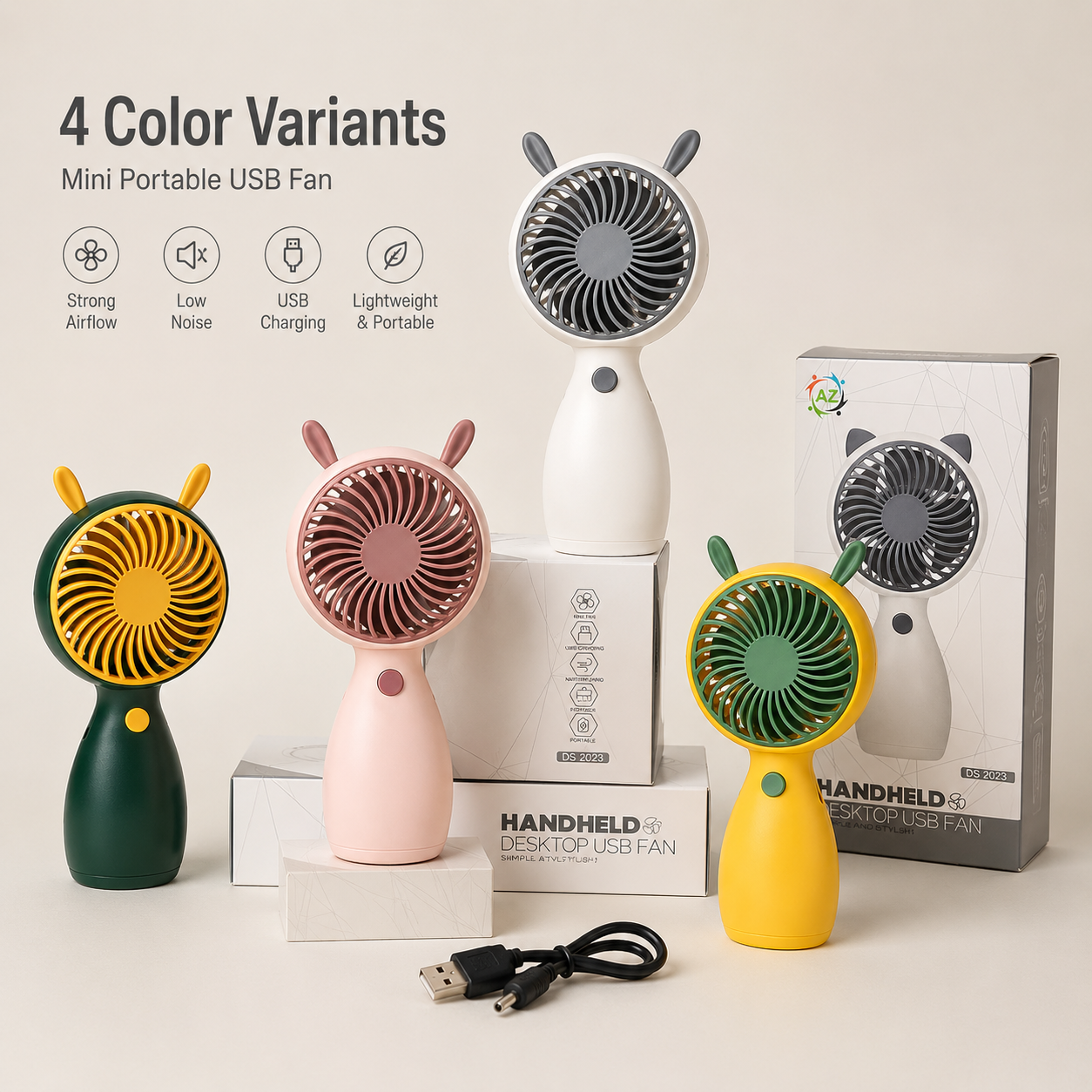 Cute Mini Rechargeable USB Fan - Portable Handheld Desk Fan - Multicolor