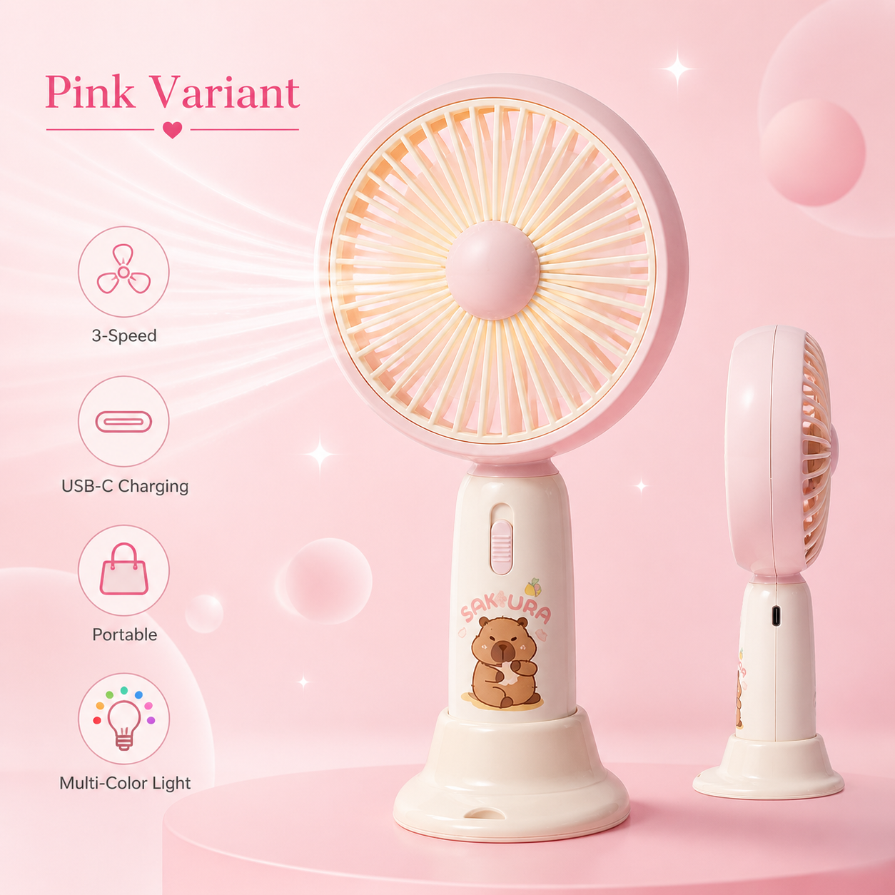 Mini Rechargeable Fan with Light - Portable USB Desk Fan - Pink