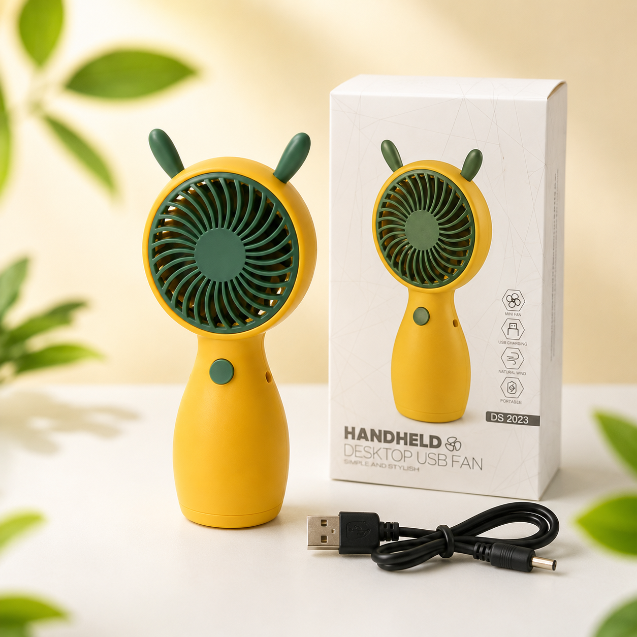Yellow Cute Mini Rechargeable USB Fan - Portable Handheld Desk Fan