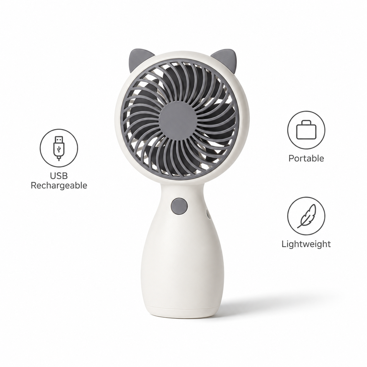 White Cute Mini Rechargeable USB Fan - Portable Handheld Desk Fan