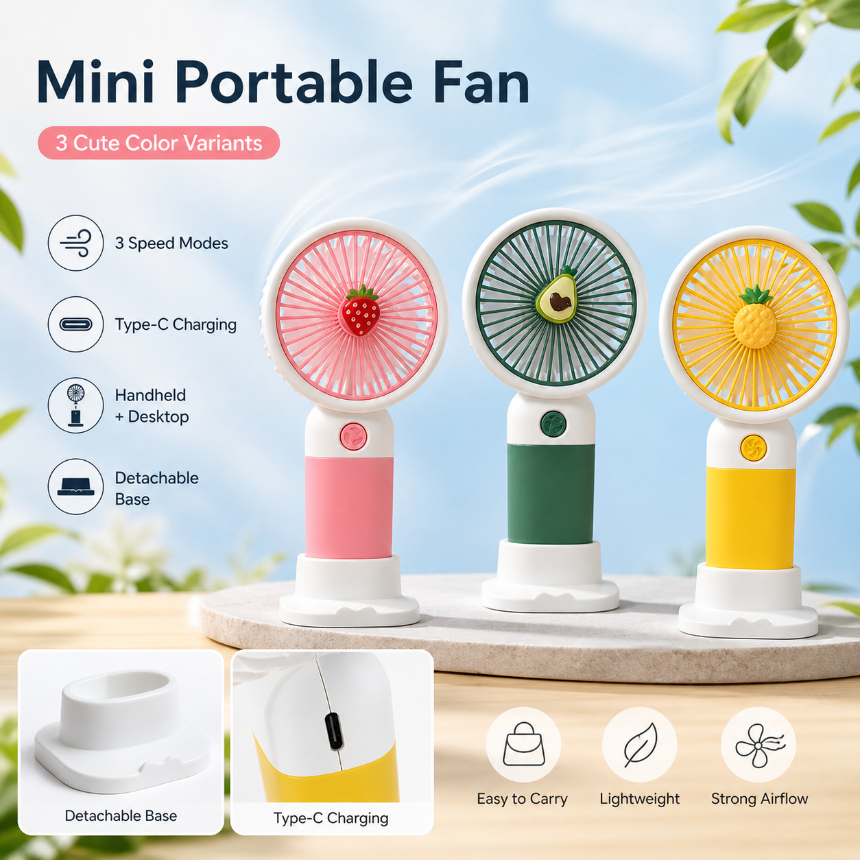 Mini Rechargeable Portable Fan - 3 Speed USB Handheld Desk Fan - Multicolor
