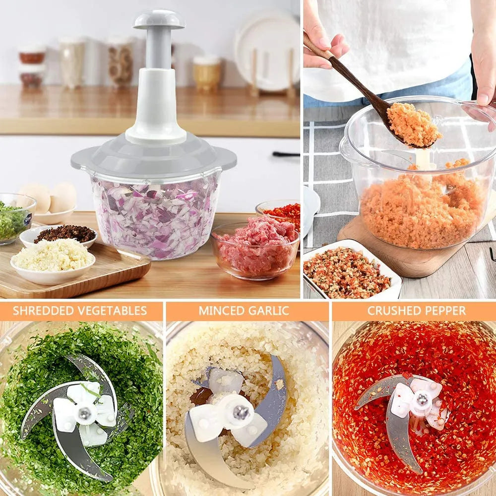 Manual Push Food Chopper 1500ML – 3 Blade Stainless Steel Hand Chopper | Large Capacity Vegetable & Fruit Cutter