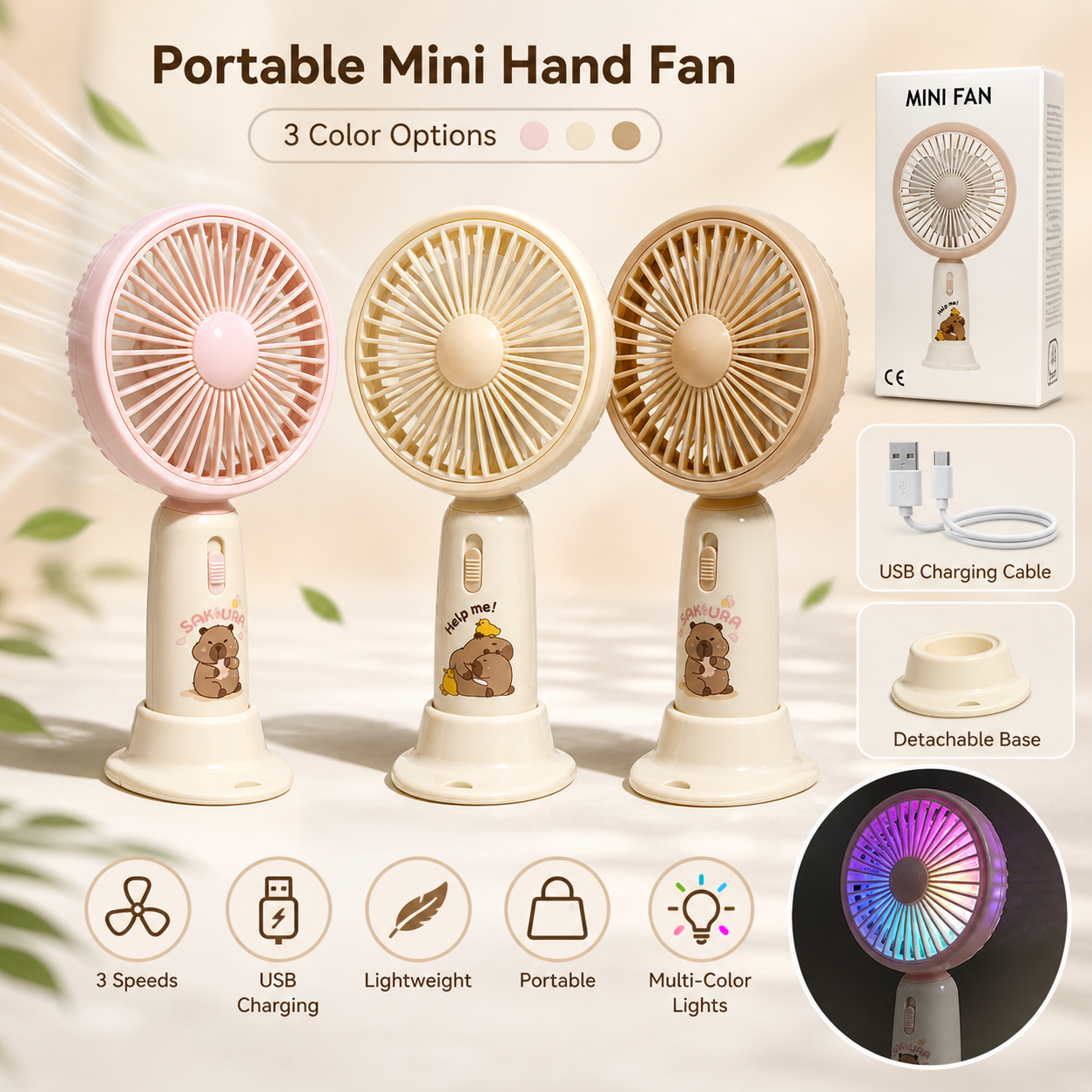 Mini Rechargeable Fan with Light - Portable USB Desk Fan - Multicolor