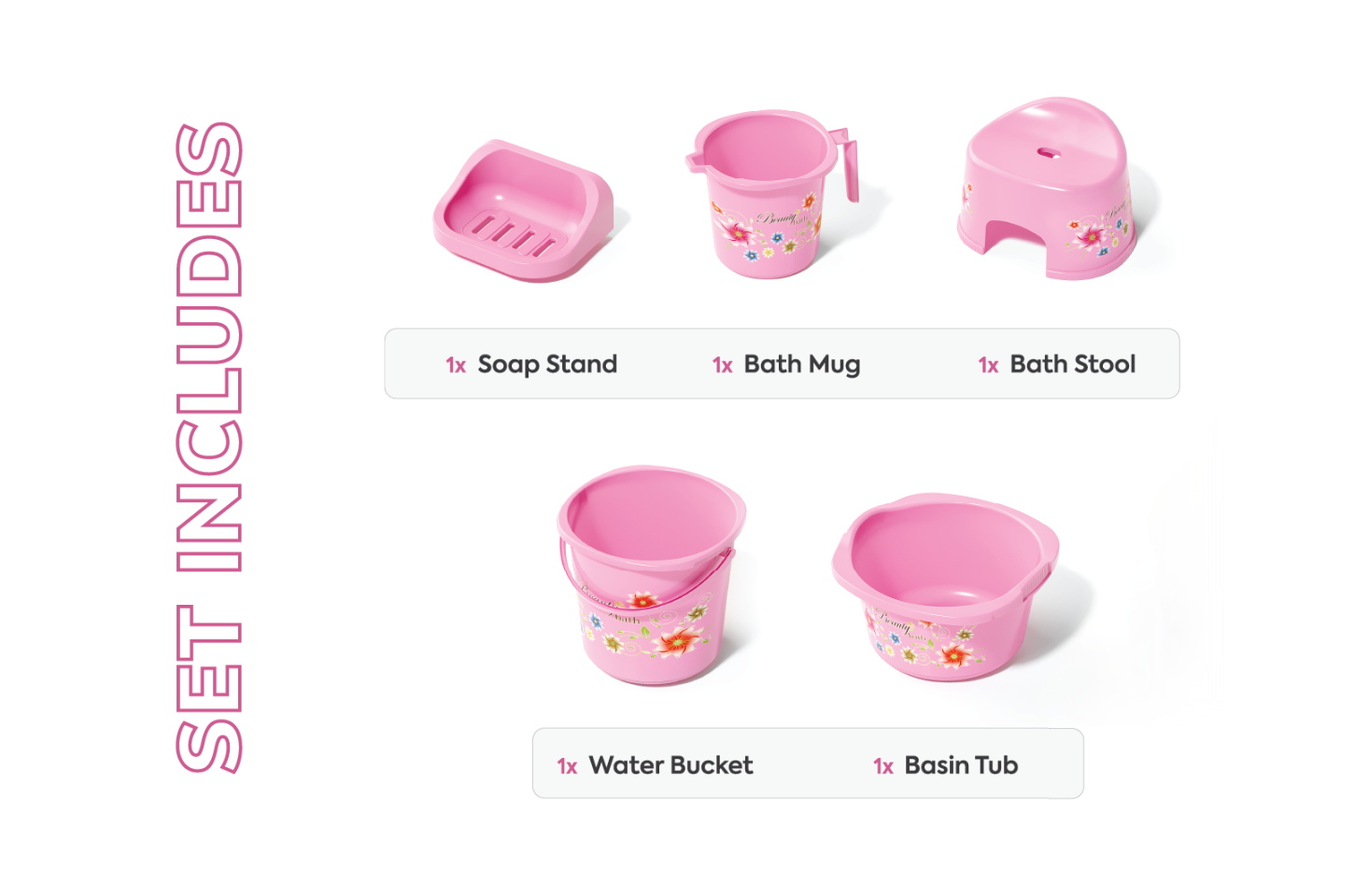 Beauty Plastic Bath Set Pink | Complete Bathroom Accessories Set - Malik Mart P159
