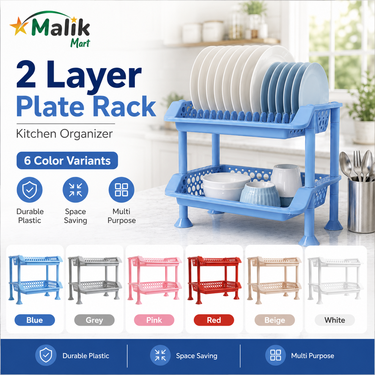Plastic Dish Rack 2 Tier | Kitchen Plate & Utensil Organizer