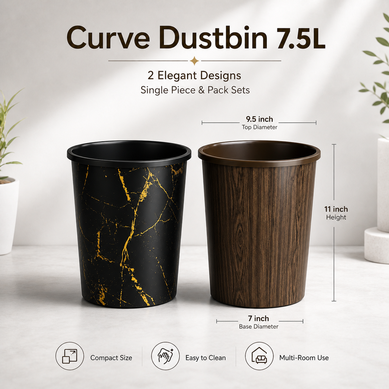 Curve Dustbin 7.5L Plastic Waste Bin – Single Piece & Pack of 2, 3, 4