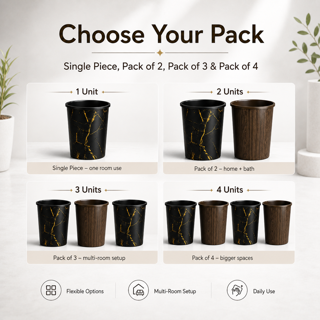 Curve Dustbin 7.5L Plastic Waste Bin – Single Piece & Pack of 2, 3, 4