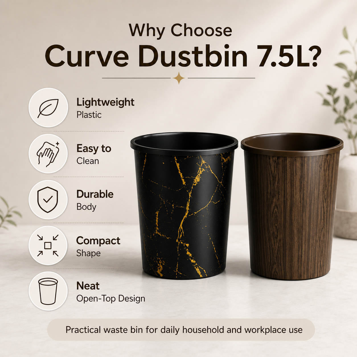 Curve Dustbin 7.5L Plastic Waste Bin – Single Piece & Pack of 2, 3, 4