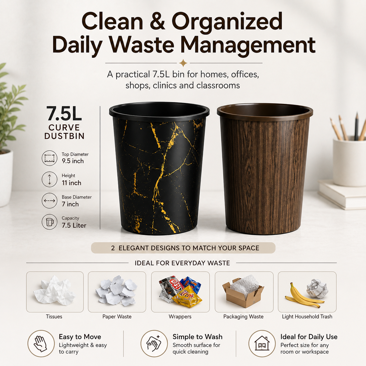 Curve Dustbin 7.5L Plastic Waste Bin – Single Piece & Pack of 2, 3, 4