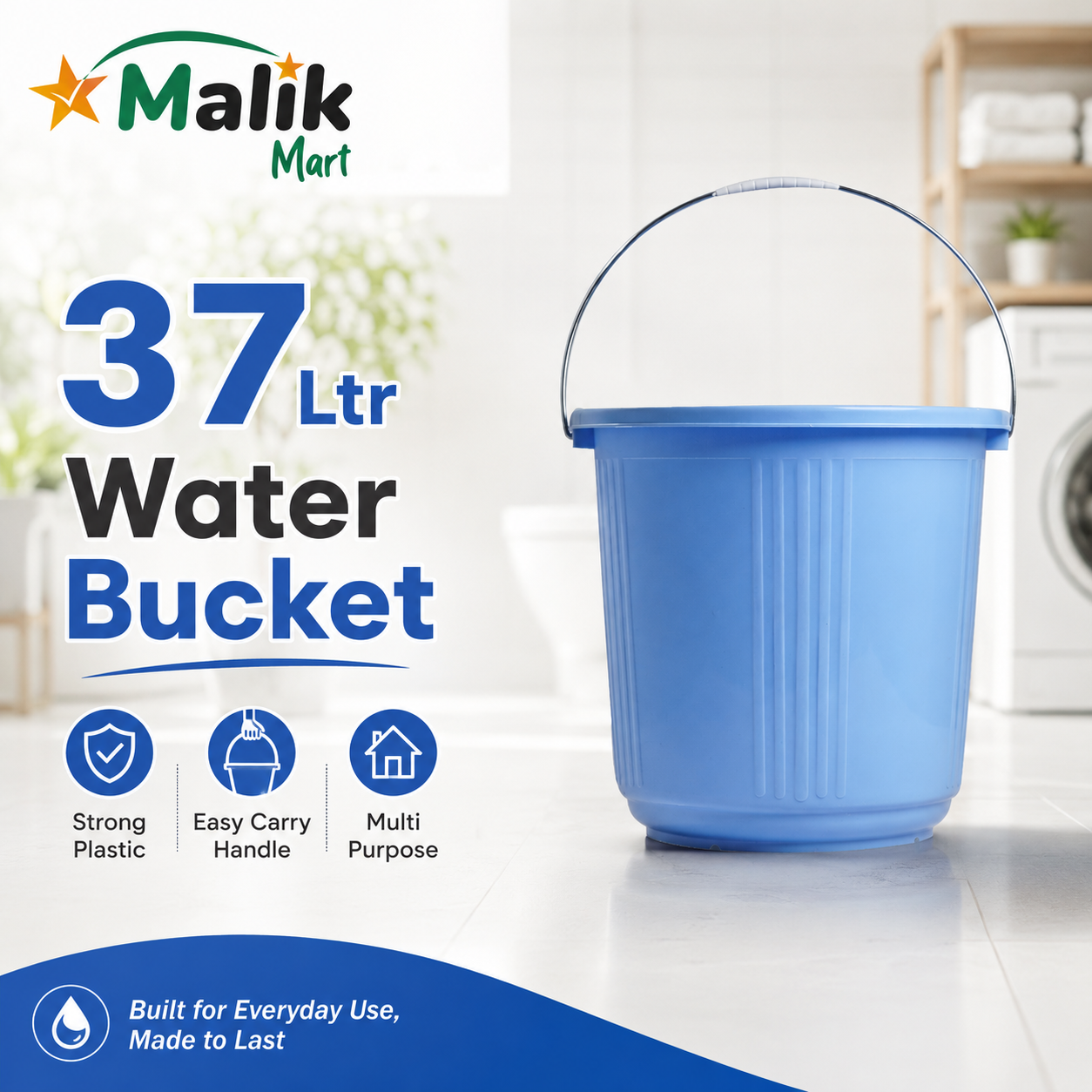 Durable Plastic Water Bucket 37L | Multipurpose Household Bucket with Color Variants