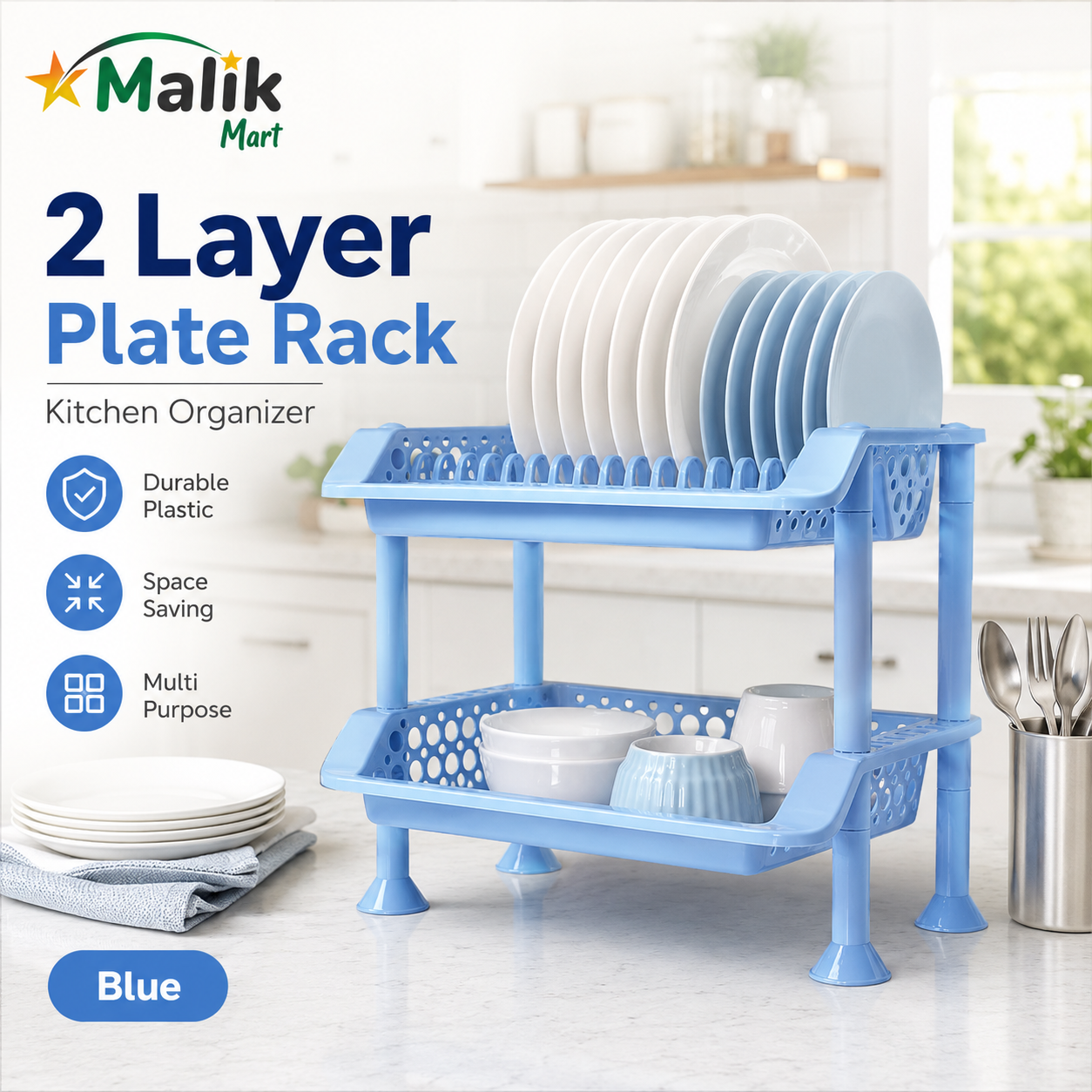 Plastic Dish Rack 2 Tier | Kitchen Plate & Utensil Organizer