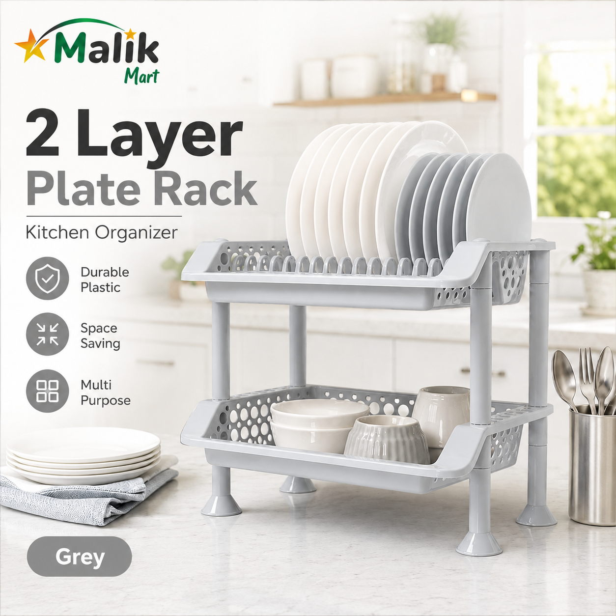 Plastic Dish Rack 2 Tier | Kitchen Plate & Utensil Organizer