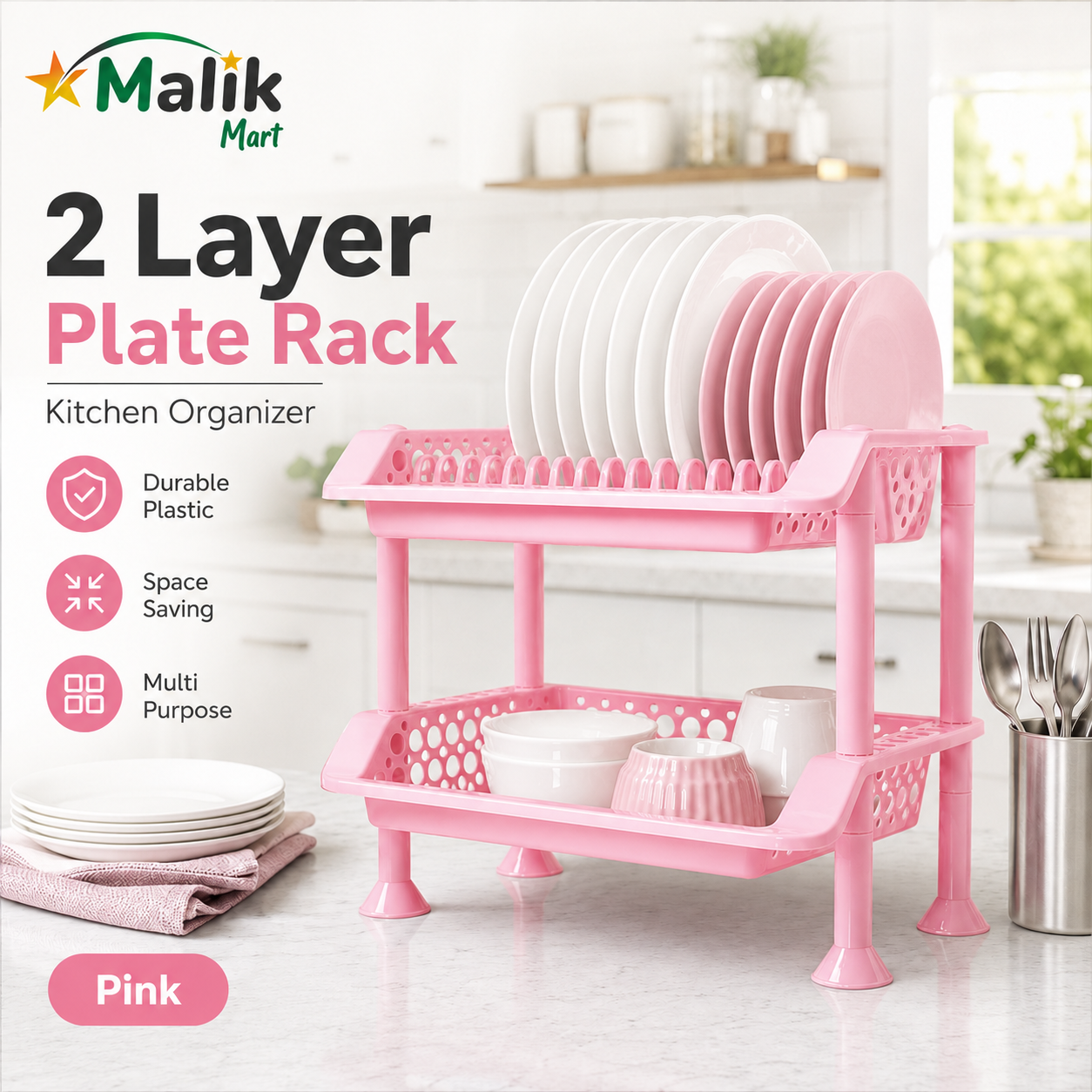 Plastic Dish Rack 2 Tier | Kitchen Plate & Utensil Organizer