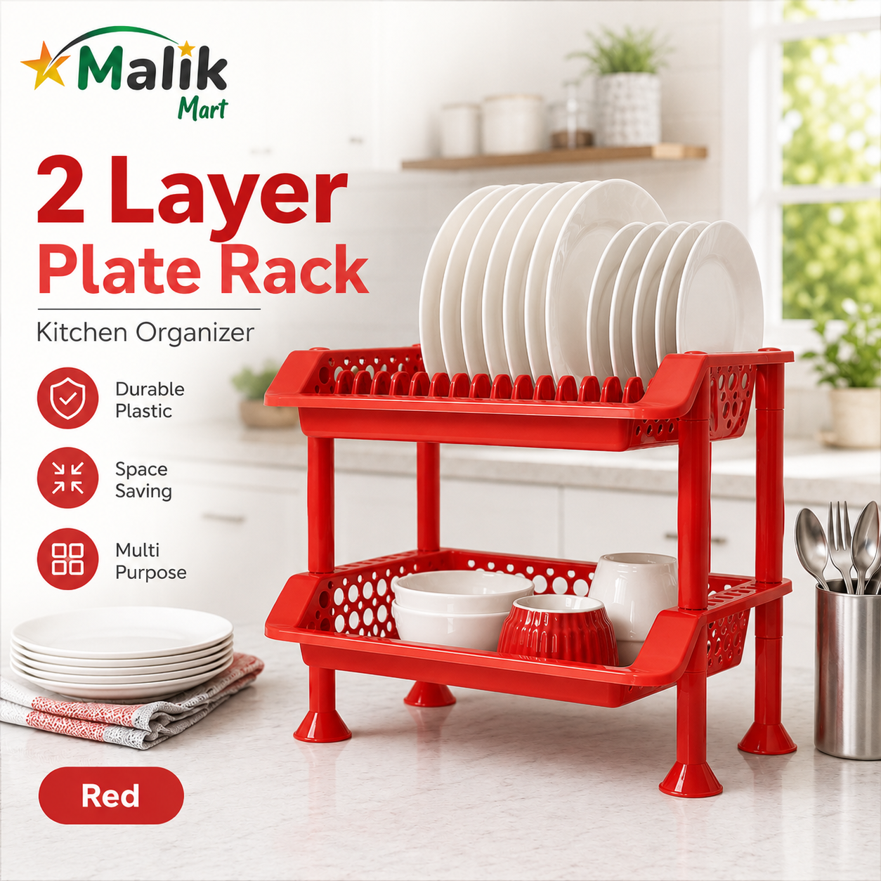 Plastic Dish Rack 2 Tier | Kitchen Plate & Utensil Organizer