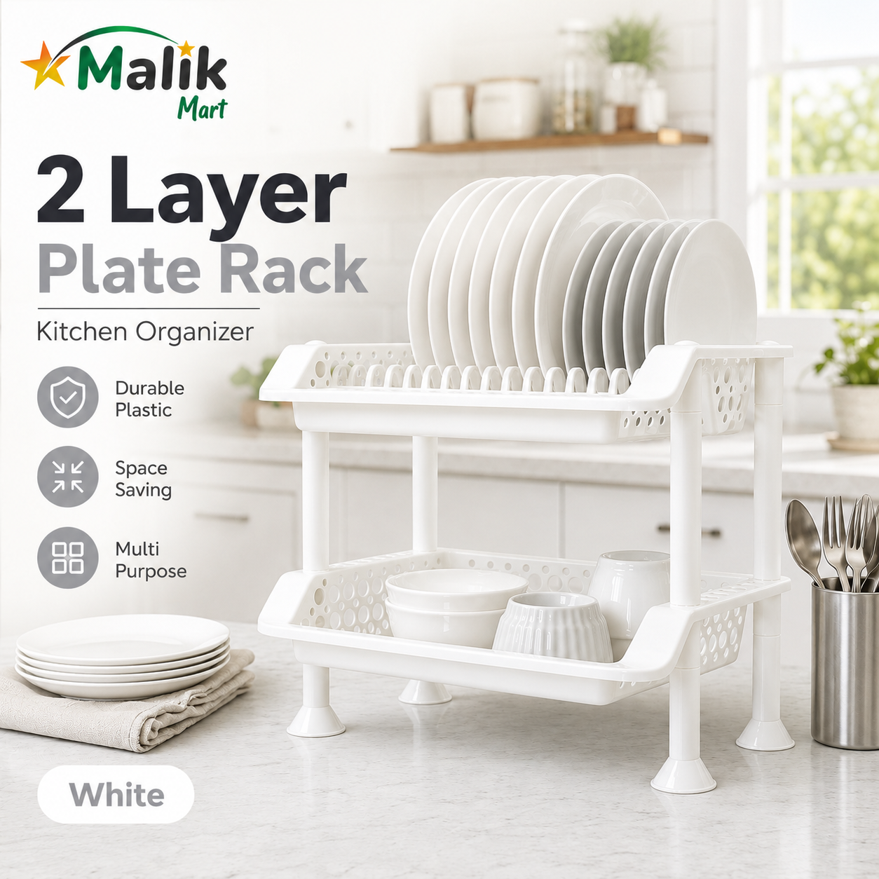 Plastic Dish Rack 2 Tier | Kitchen Plate & Utensil Organizer