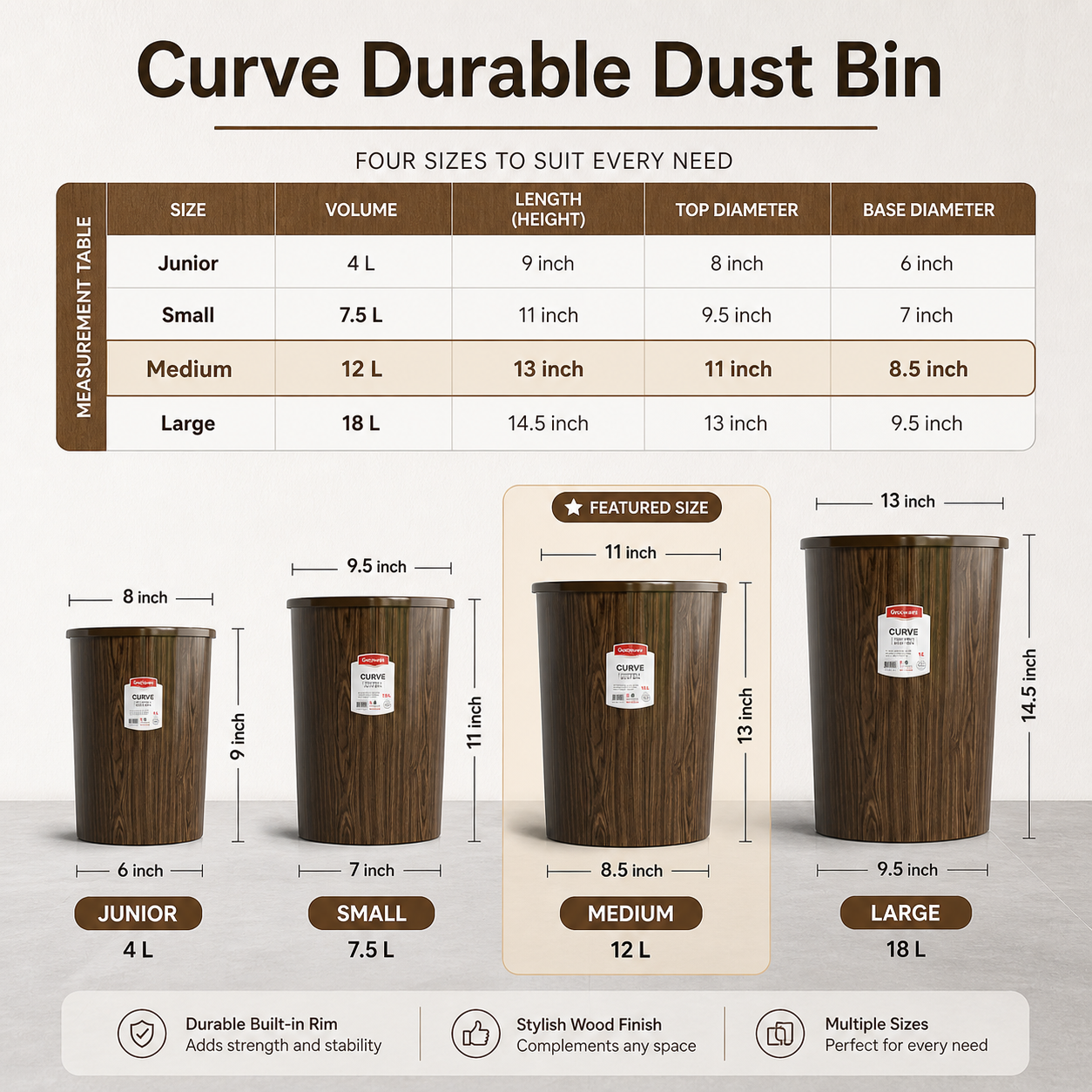 Curve Dustbin 12L Set | Plastic Waste Bin Pack of 2, 3 & 4
