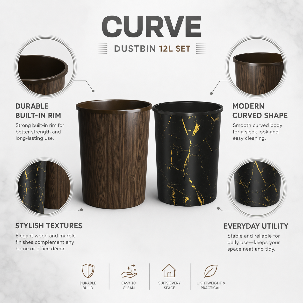 Curve Dustbin 12L Set | Plastic Waste Bin Pack of 2, 3 & 4