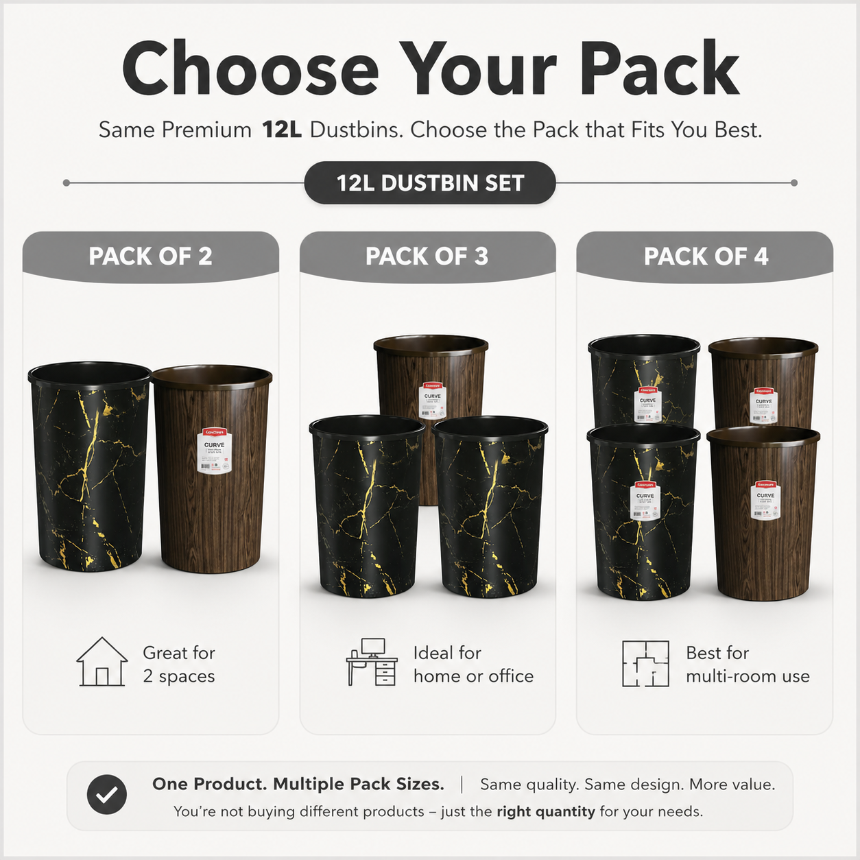 Curve Dustbin 12L Set | Plastic Waste Bin Pack of 2, 3 & 4