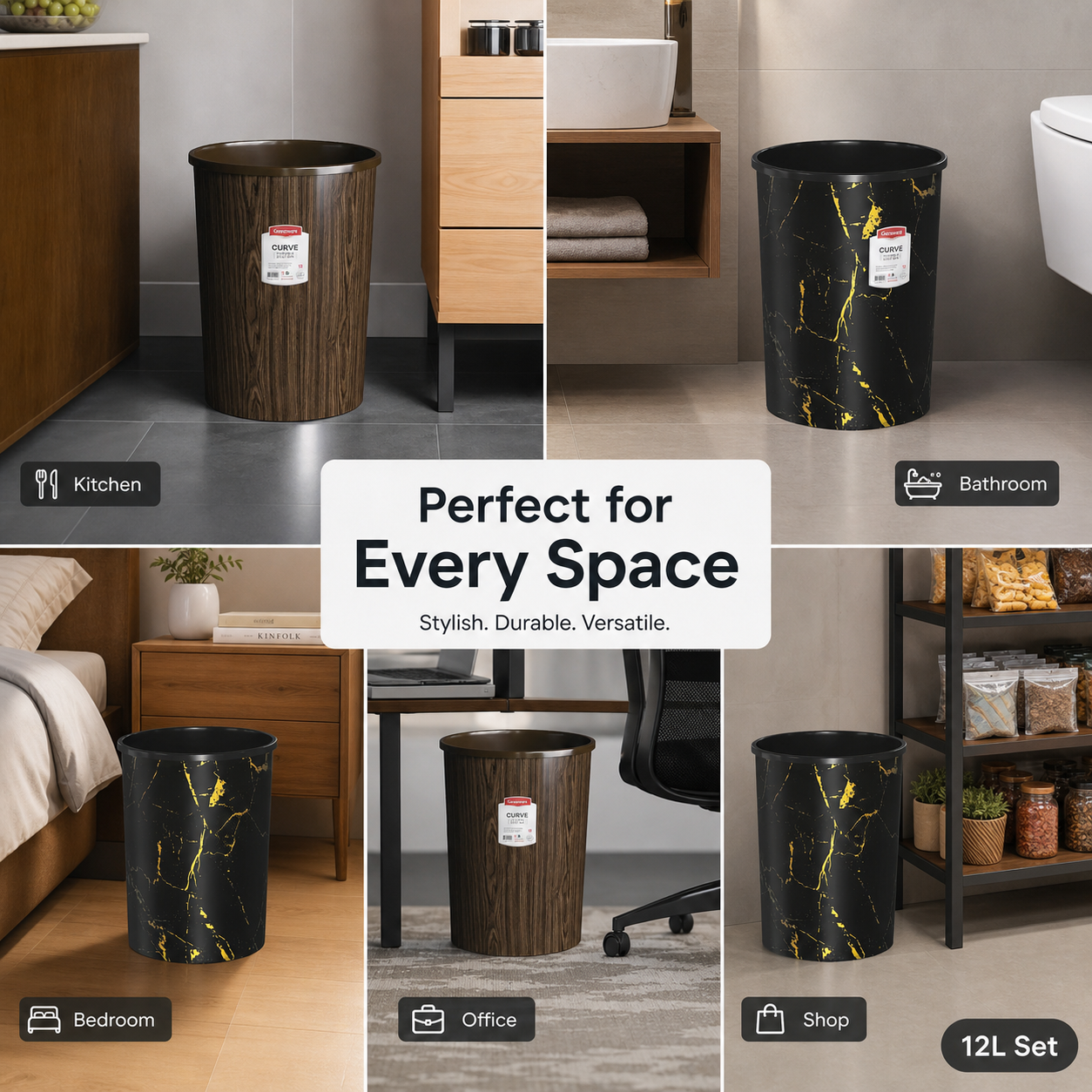 Curve Dustbin 12L Set | Plastic Waste Bin Pack of 2, 3 & 4