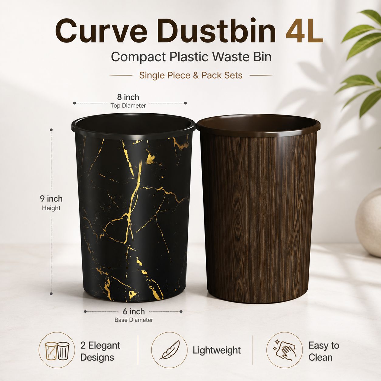 Curve Dustbin 4L Plastic Waste Bin – Single Piece & Pack of 2, 3, 4