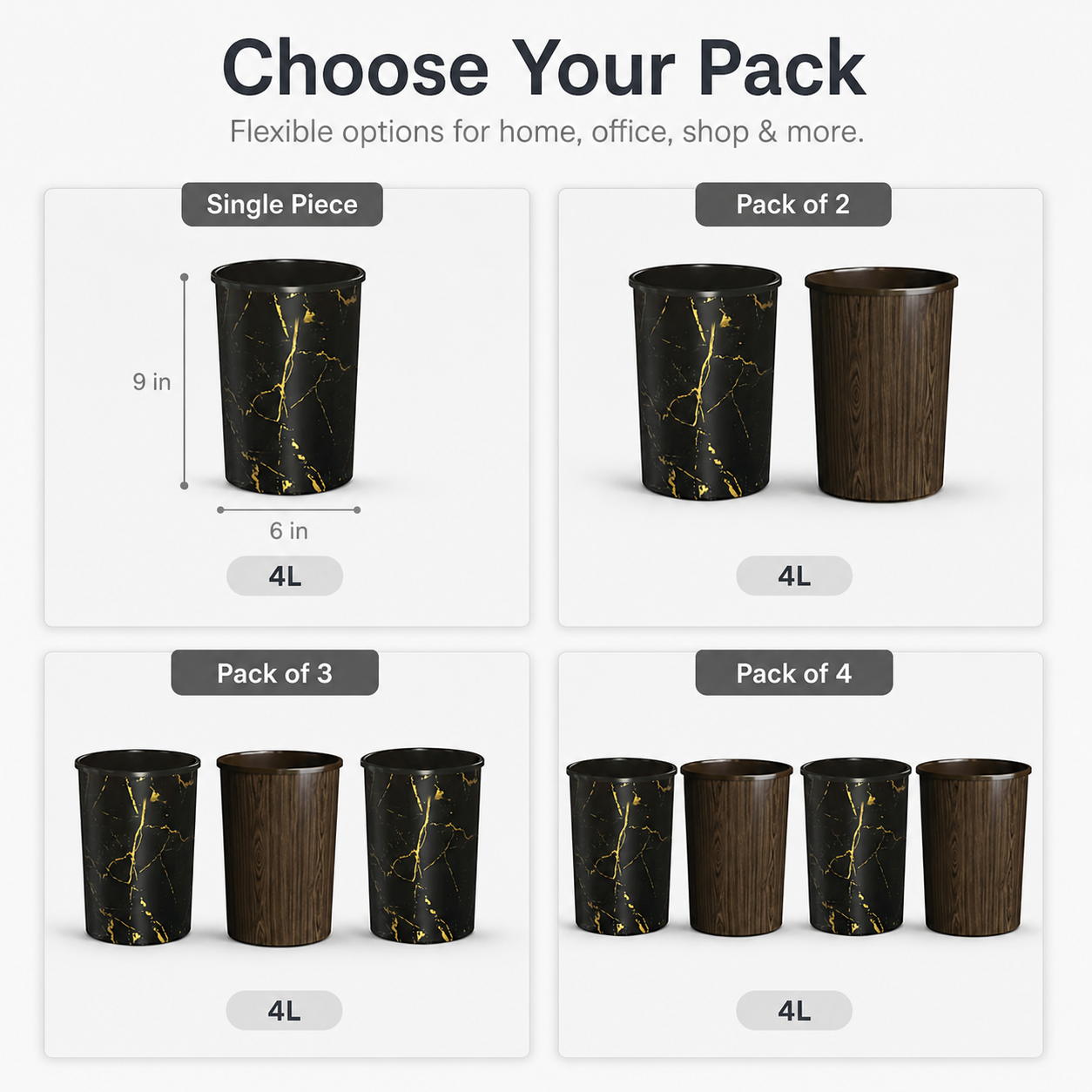 Curve Dustbin 4L Plastic Waste Bin – Single Piece & Pack of 2, 3, 4