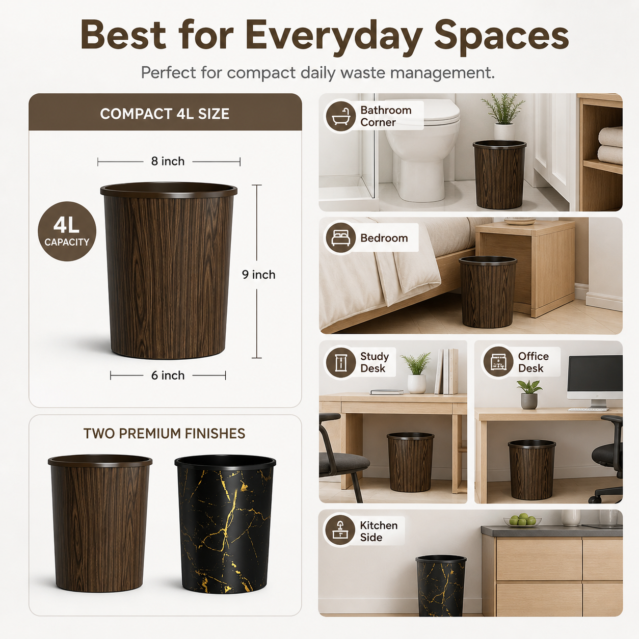 Curve Dustbin 4L Plastic Waste Bin – Single Piece & Pack of 2, 3, 4