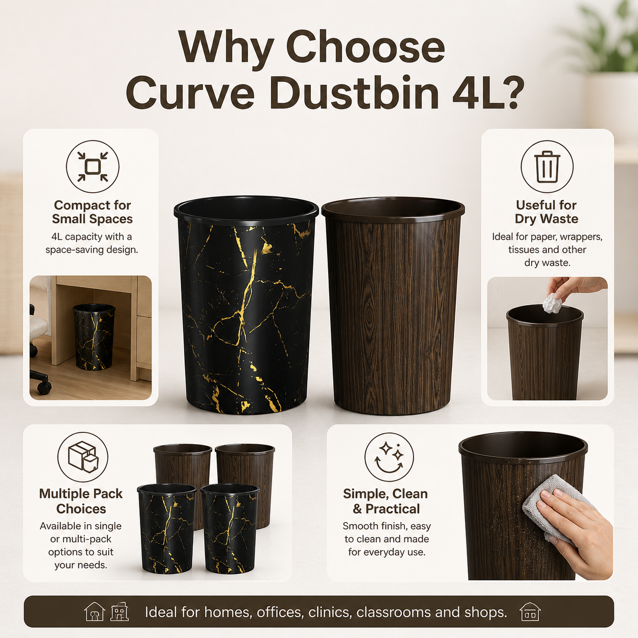 Curve Dustbin 4L Plastic Waste Bin – Single Piece & Pack of 2, 3, 4