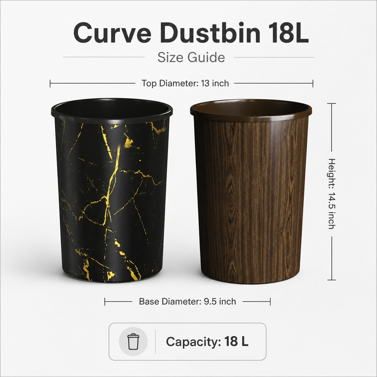 Curve Dustbin 18L Plastic Waste Bin – Single Piece & Pack of 2, 3, 4