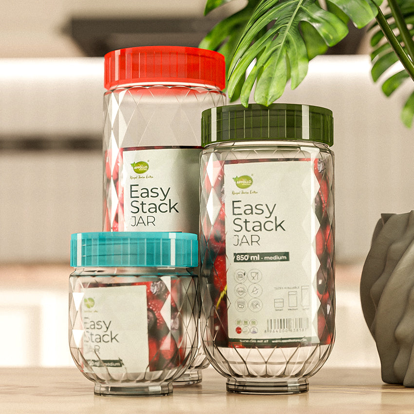 Easy Stack Jar Pack of 3 - (S/M/L) Airtight Storage Jar - Stylish Kitchen Jar for Dry Fruits, Snacks, Spices & Pantry Items
