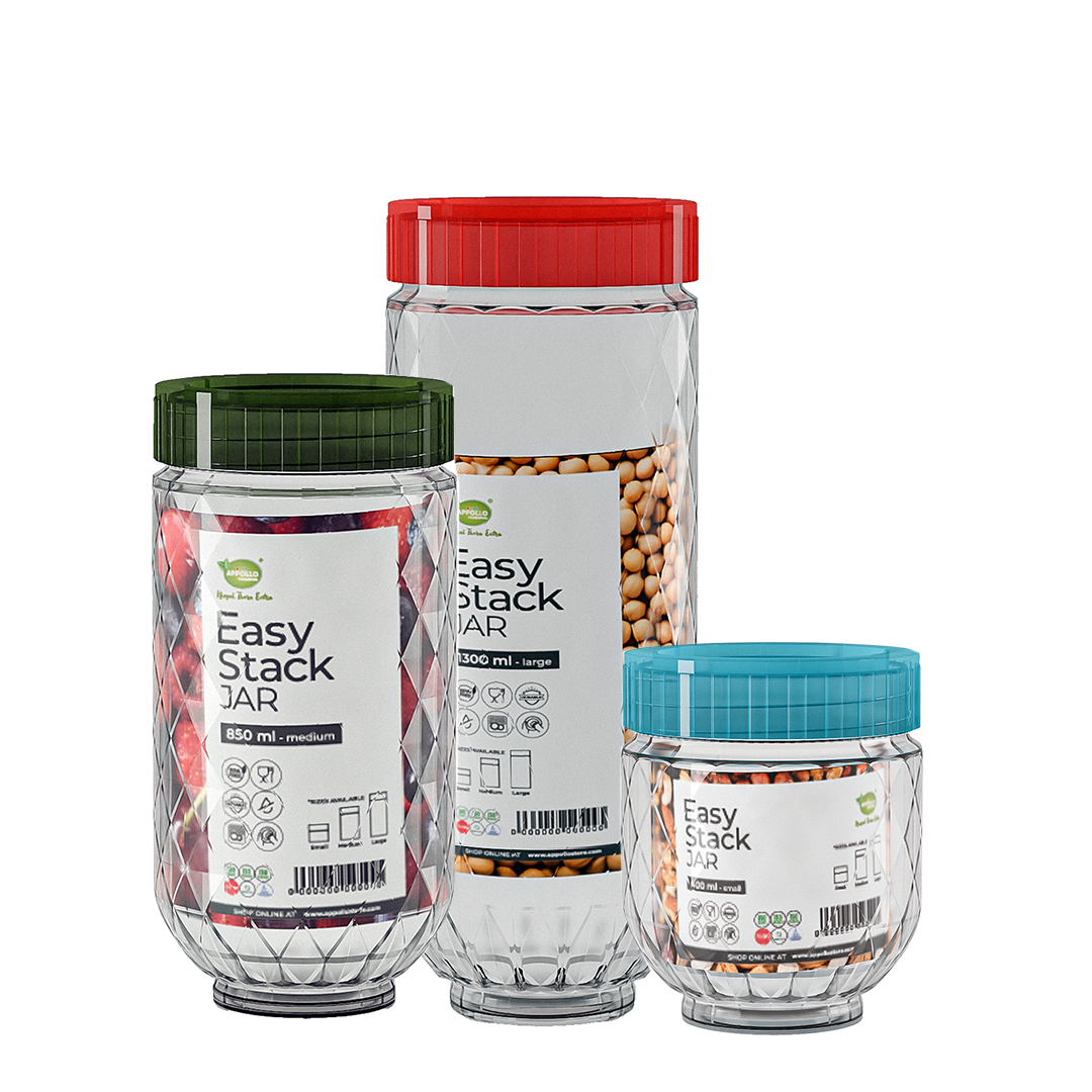 Easy Stack Jar Pack of 3 - (S/M/L) Airtight Storage Jar - Stylish Kitchen Jar for Dry Fruits, Snacks, Spices & Pantry Items - Assorted