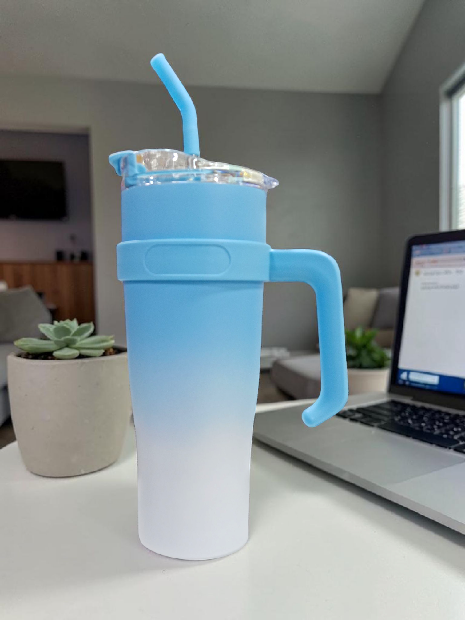 Insulated Stainless Steel Tumbler with Handle & Straw | Ombre Travel Mug