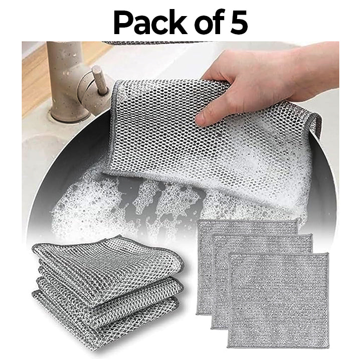 Pack of 5 Non Scratch Wire Dish Cleaning Cloths Multi Layer Metal Mesh Dishwashing Rags