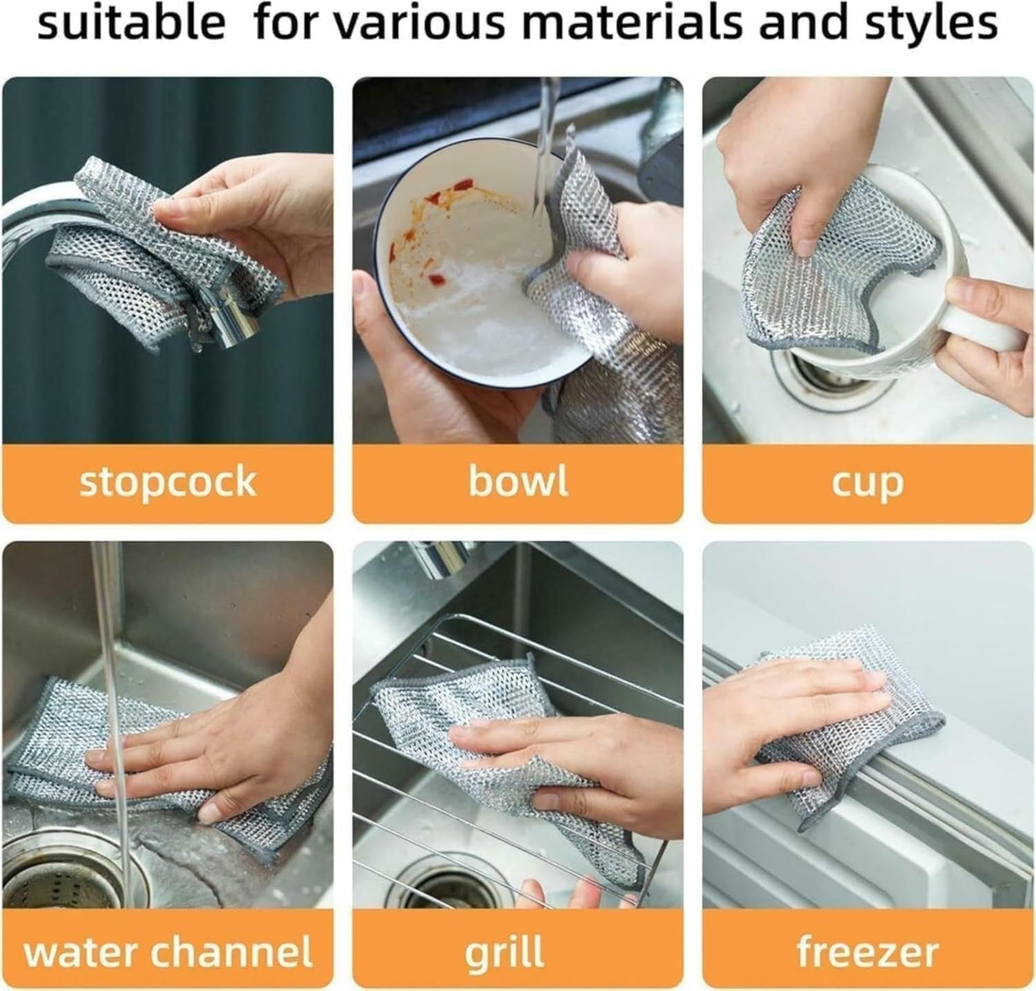 Pack of 5 Non Scratch Wire Dish Cleaning Cloths Multi Layer Metal Mesh Dishwashing Rags