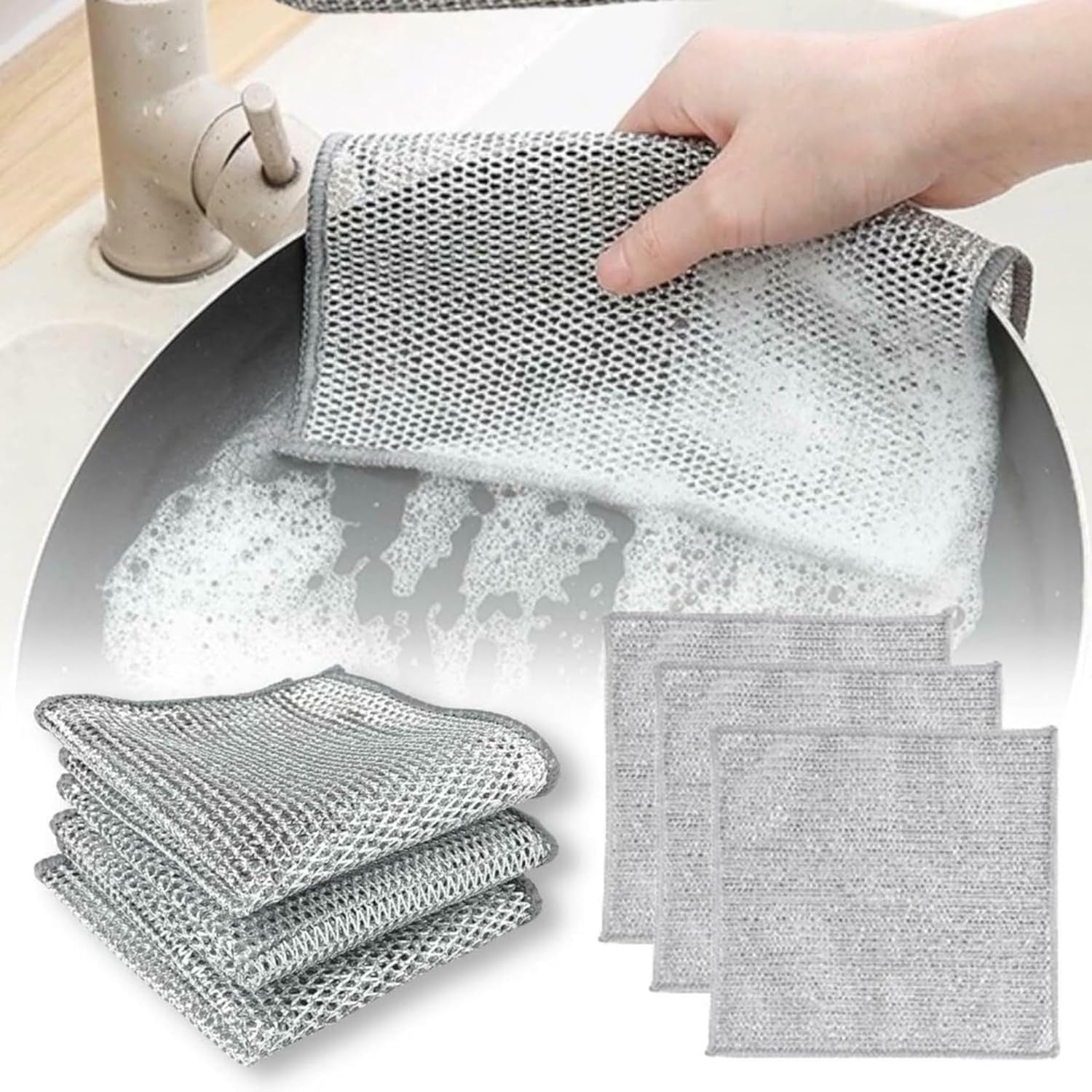 Pack of 5 Non Scratch Wire Dish Cleaning Cloths Multi Layer Metal Mesh Dishwashing Rags