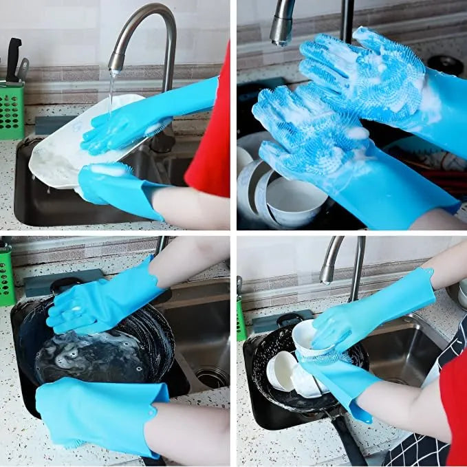 Reusable Silicone Dishwashing Gloves with Built In Scrubber Multipurpose Cleaning Gloves