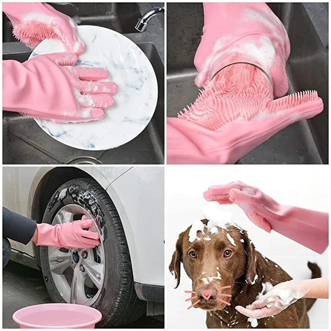 Reusable Silicone Dishwashing Gloves with Built In Scrubber Multipurpose Cleaning Gloves
