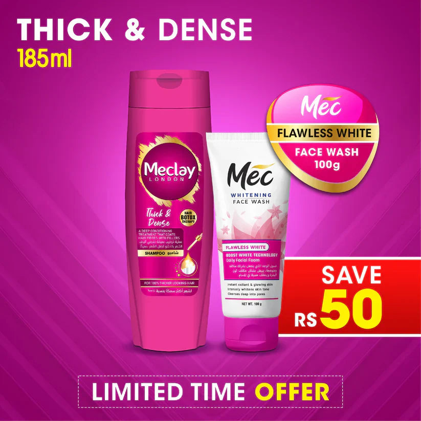 MEC Flawless White Face Wash 100gm With Meclay London Shampoo Thick & Dense 185ml