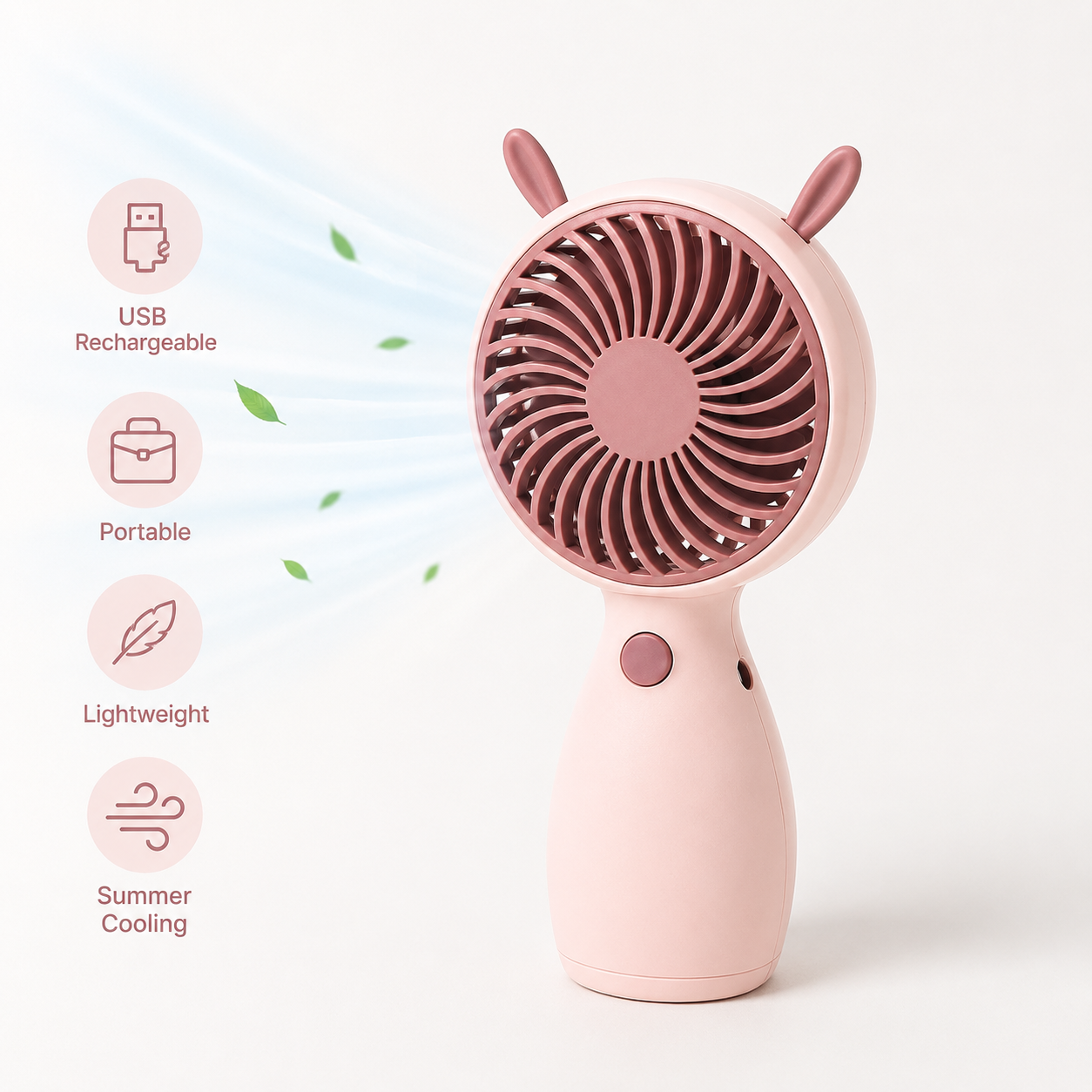 Pink Cute Mini Rechargeable USB Fan - Portable Handheld Desk Fan - Pink